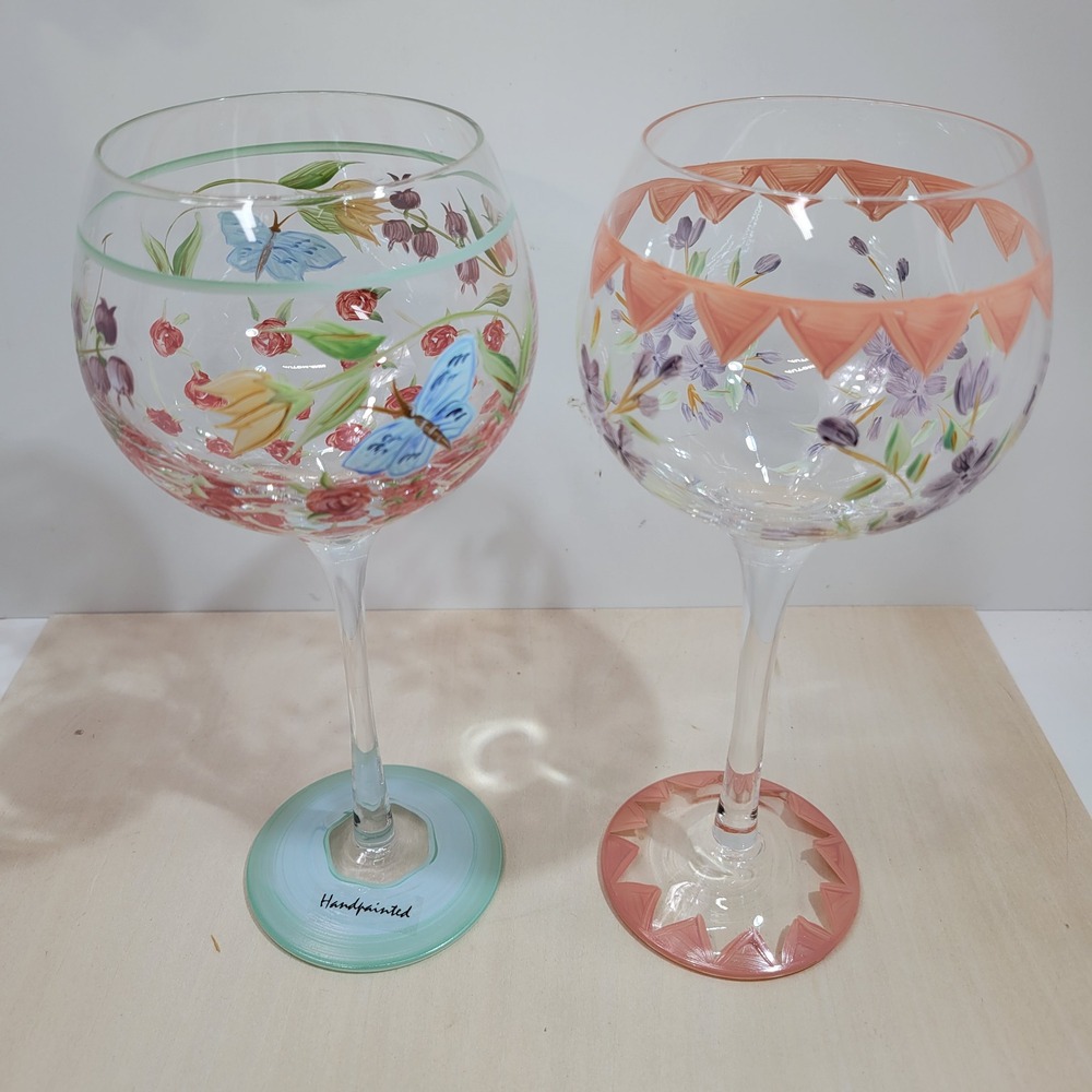Handpainted Wine Glasses Set of‎ 2 Butterflies Roses Floral Design Unique Gift